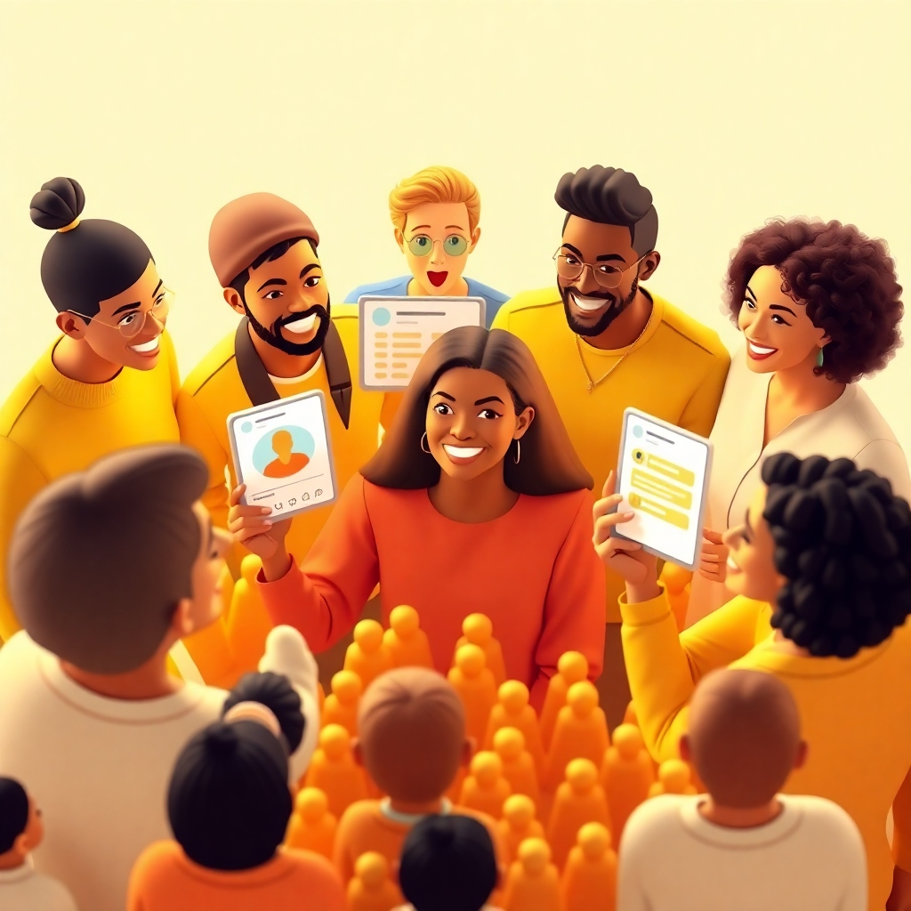 A 4K stylized image depicting a group of diverse influencers creating content in various formats (video, photo, blog post). The influencers are surrounded by their followers, represented by small icons. The color palette should be warm and inviting, with a focus on yellows and oranges. The background should be bright and minimalist, emphasizing the influencers and their followers. Camera angle: Slightly above, showcasing the influencers and their followers. Style reference: Modern influencer marketing aesthetic.