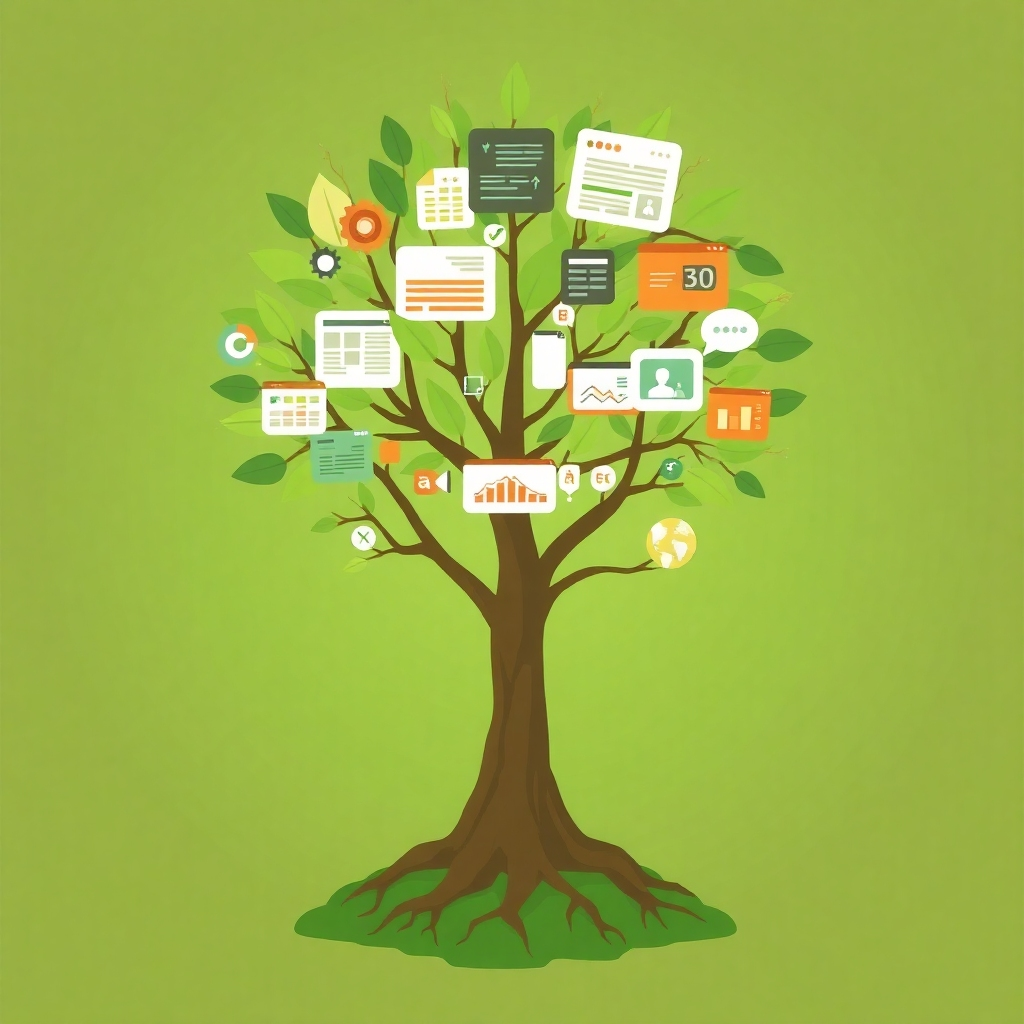 A 4K stylized image featuring a tree with leaves made of blog posts, articles, videos, and infographics. The roots of the tree are grounded in a solid foundation of data and research. The color palette should be natural and organic, with a focus on greens and browns. Style reference: Modern content marketing visualization.