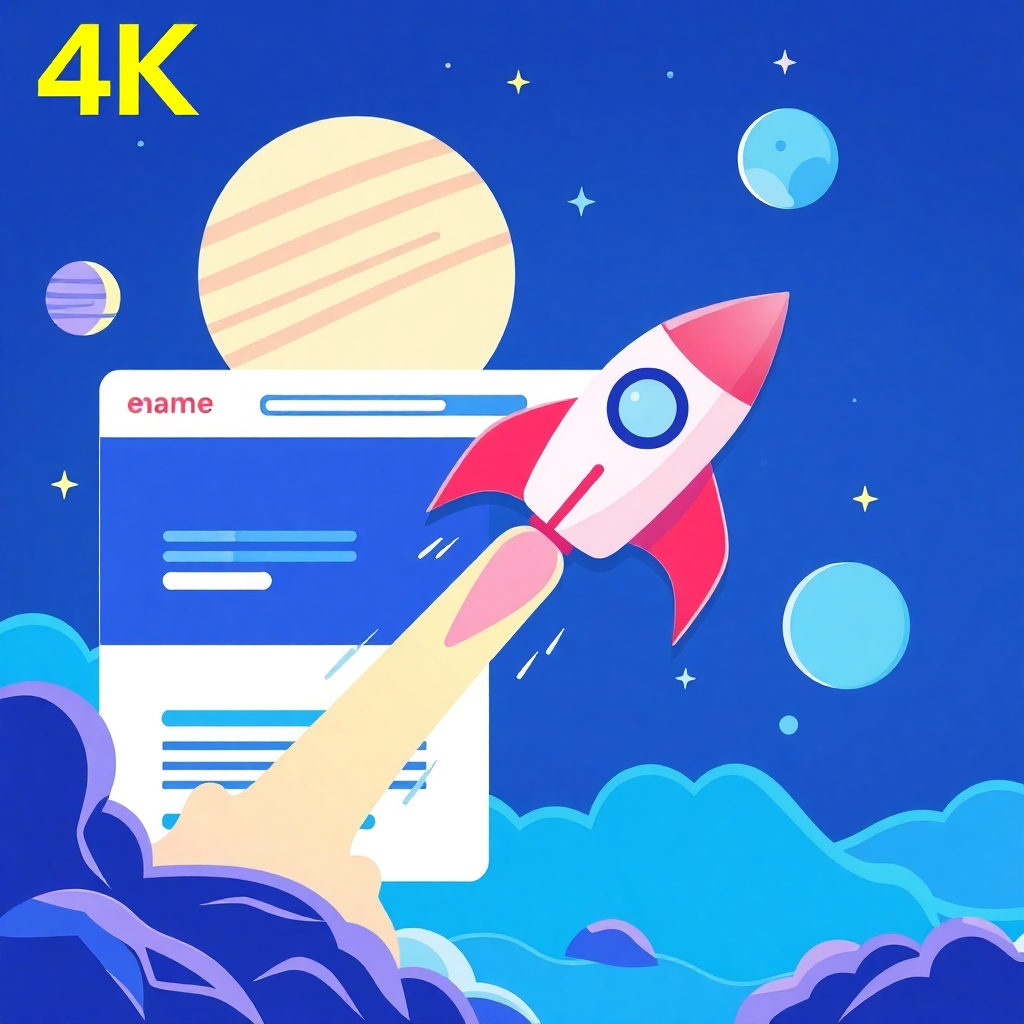 A 4K stylized image showing a rocket ship launching upwards from a website landing page. The website's URL is prominently displayed on the rocket. Stars and planets are visible in the background, representing the vast online universe. The color palette should be vibrant and optimistic, with a focus on blues and purples. Style reference: Modern SEO marketing illustration.