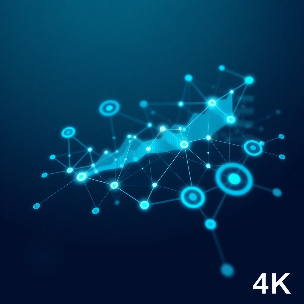 A 4K stylized image showing a network of interconnected data points forming a graph. The graph displays various marketing metrics and trends. The color palette should be cool and professional, with a focus on blues and greens. The background should be dark and minimalist, emphasizing the data and the graph. Camera angle: Slightly above, showcasing the entire graph and the interconnected data points. Style reference: Modern data visualization aesthetic.