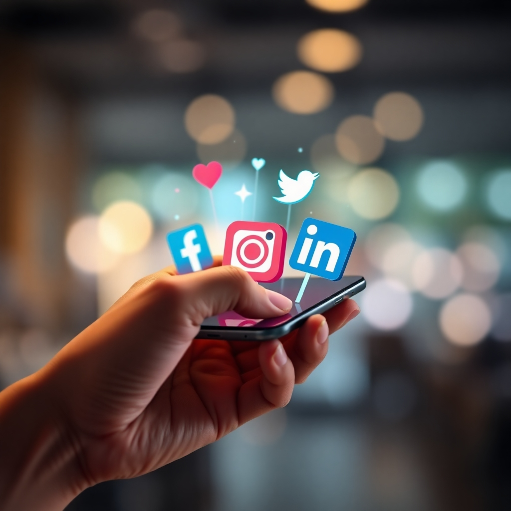 A photorealistic 4K image showing a person's hands holding a smartphone, with various social media icons (Facebook, Instagram, Twitter, LinkedIn) popping out of the screen. The background should be blurred, focusing on the smartphone and the social media icons. The lighting should be soft and inviting, creating a sense of connectivity and engagement. The color palette should be vibrant and diverse, reflecting the different social media platforms. Camera angle: close-up, emphasizing the smartphone and the social media icons. Style reference: Modern social media marketing aesthetic.