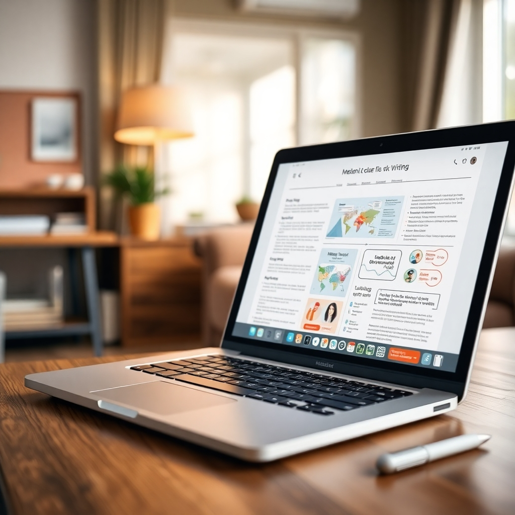 A photorealistic 4K image showing a laptop with a document being written on it. The document features a mix of text, images, and infographics, representing diverse content formats. The background shows a comfortable and inspiring workspace. The lighting should be natural and inviting, creating a sense of creativity. The color palette should be neutral and balanced, allowing the content on the screen to stand out. Camera angle: close-up, emphasizing the laptop and the content on the screen. Style reference: Modern content marketing aesthetic.