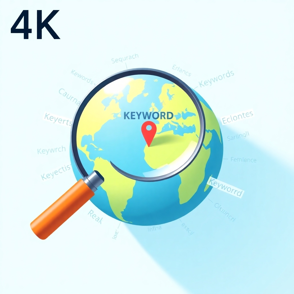 A stylized 4K image depicting a magnifying glass hovering over a globe, with various keywords and search terms floating around the globe. The magnifying glass focuses on a specific location on the globe, highlighting the importance of targeted SEO. The color palette should be vibrant and engaging, with a focus on blues and greens. The background should be clean and minimalist, emphasizing the keywords and the magnifying glass. Camera angle: Slightly above, showcasing the globe and the surrounding keywords. Style reference: modern infographic style, using simple shapes and bright colors.