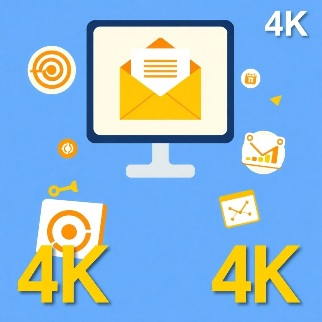 A stylized 4K image featuring a computer screen displaying an open email with a personalized greeting. Surrounding the screen are various icons representing email marketing tools and strategies (e.g., a target, a calendar, a graph). The color palette should be warm and inviting, with a focus on yellows and oranges. The background should be clean and minimalist, emphasizing the email and the surrounding icons. Camera angle: slightly angled, showcasing the computer screen and the surrounding icons. Style reference: clean and modern email marketing design.