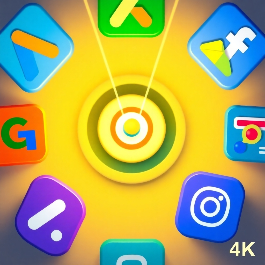 A stylized 4k image featuring various advertising icons (Google Ads, Facebook Ads, Instagram Ads) arranged around a central target. Beams of light emanate from each advertising icon towards the target, representing the effectiveness of paid advertising. The color palette should be vibrant and engaging, with a focus on blues, greens, and yellows. The background should be clean and minimalist, emphasizing the advertising icons and the target. Camera angle: Slightly above, showcasing the icons and the target. Style reference: Modern digital advertising aesthetic.