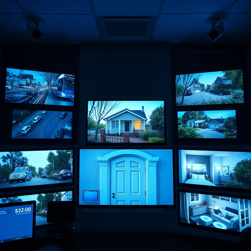 A cinematic image of a security control room, showcasing multiple monitors displaying live footage from various wireless security cameras. The room is dimly lit with soft blue hues, creating a sense of vigilance and security. The monitors should display clear, high-definition images of different scenes, including a bustling city street, a quiet residential neighborhood, and the interior of a home. The image should be rendered in a hyperrealistic style, capturing the intricate details of the monitors, the equipment, and the surrounding environment. The camera angle should be a close-up shot of the central monitor, capturing a focused perspective on the live feed of a home's front door. The image should exude a sense of security and trust, showcasing the advanced technology and dedicated personnel behind the monitoring service.