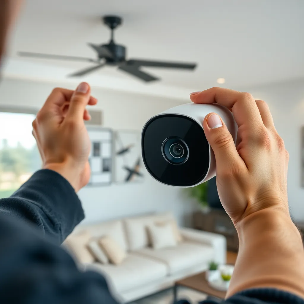A close-up shot of a person easily installing a wireless security camera on a wall, with the camera showing a clear view of the room. The background should be a modern living room with minimalist decor. The camera should be sleek and modern, with a clear lens and a subtle design.