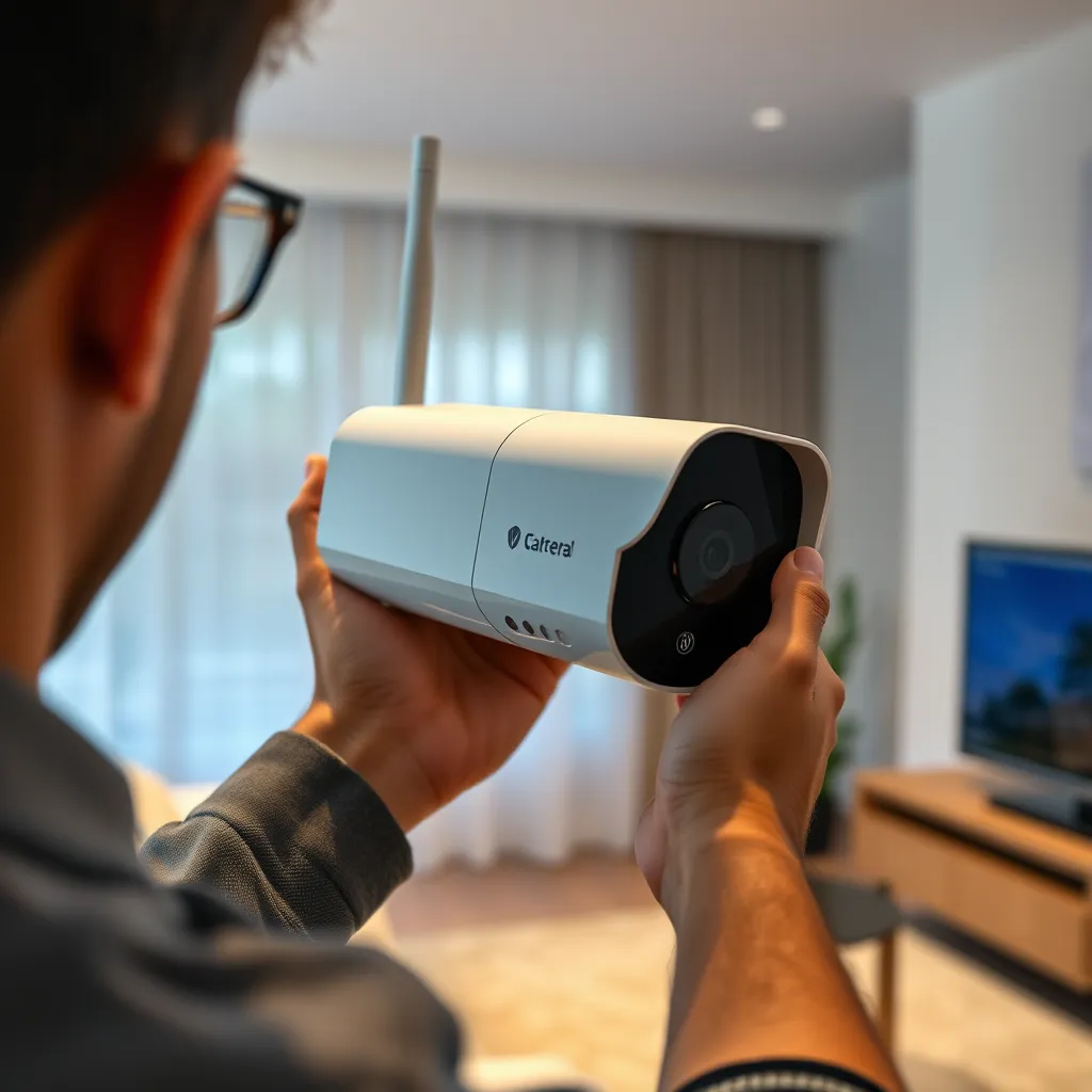 A close-up shot of a person holding a wireless security camera, installing it on a wall. The camera should be modern and sleek, with clear, easy-to-use controls. In the background, a living room with furniture and a TV should be visible. The scene should convey the ease and flexibility of installation.