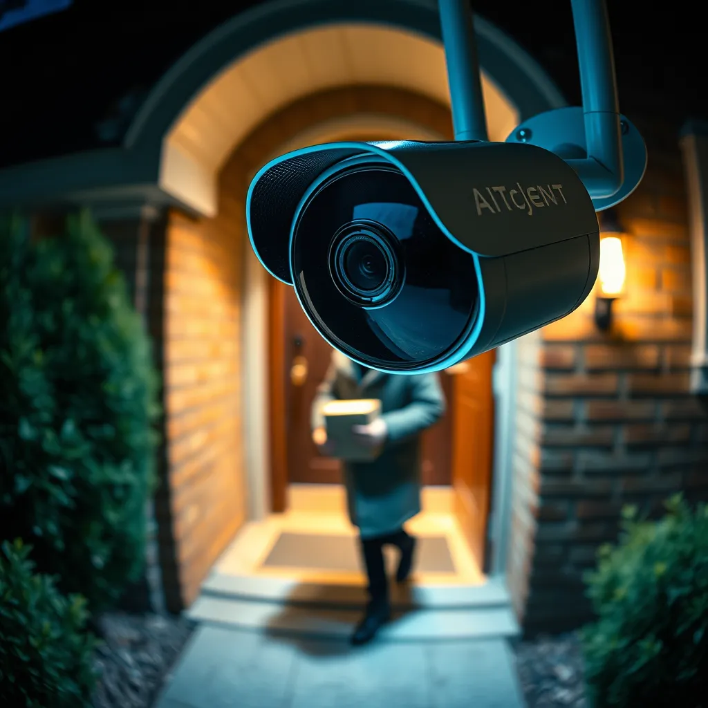 A close-up shot of a wireless security camera capturing a person entering a house at night. The camera should have clear night vision and a wide angle lens to capture the entire entrance area. The person should be holding a package and wearing a coat, with the image showcasing the clarity and detail of the camera's night vision.