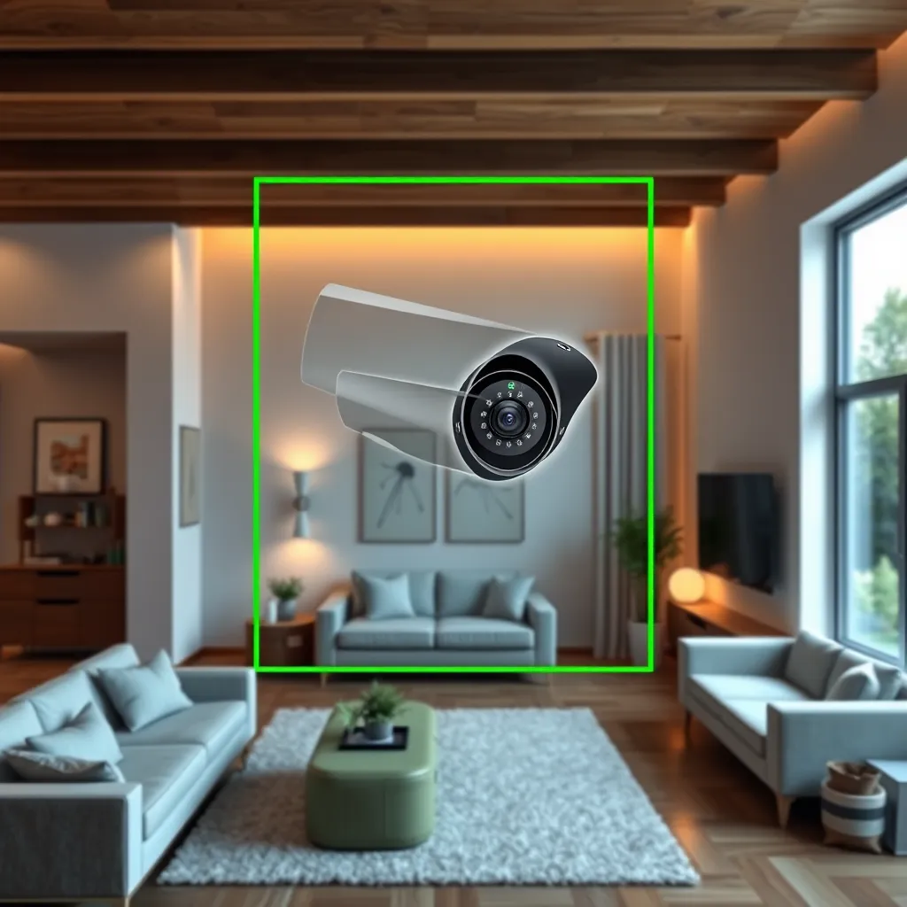 A living room with a security camera mounted on the wall. The camera's field of view is highlighted with a green outline. The outline encompasses the entire room, including furniture and windows, demonstrating the camera's wide angle lens.