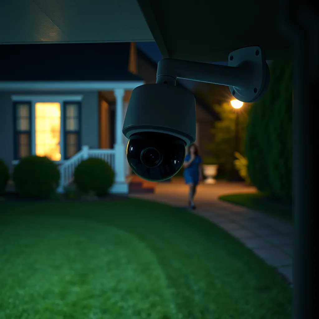 A night-time scene with a wireless security camera mounted outside a house, capturing a clear image of a person walking on the lawn. The camera's LED lights should illuminate the scene effectively. The image should showcase the camera's night vision capability and its ability to detect and record activity.