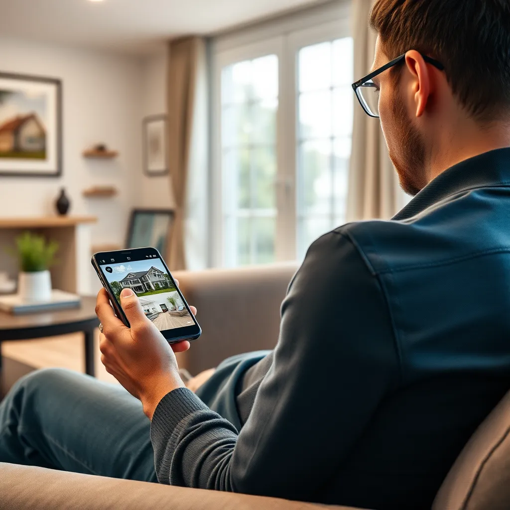 A person sitting on a couch in a comfortable living room, using a smartphone app to monitor multiple live feeds from wireless security cameras. The phone should display clear and detailed images of the property exterior and interior. The image should highlight the seamless remote monitoring experience.