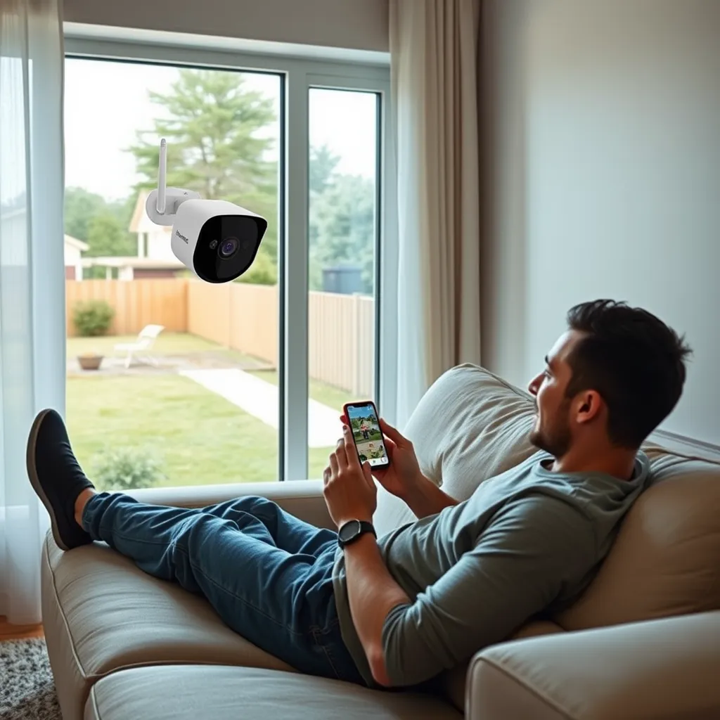 A person sitting on a sofa in a living room, holding a smartphone and looking at the live feed from a wireless security camera installed on the wall outside the window. The camera view should show a clear and detailed image of the exterior of the house, including the front yard and street. The person should be wearing casual clothes and have a relaxed expression.