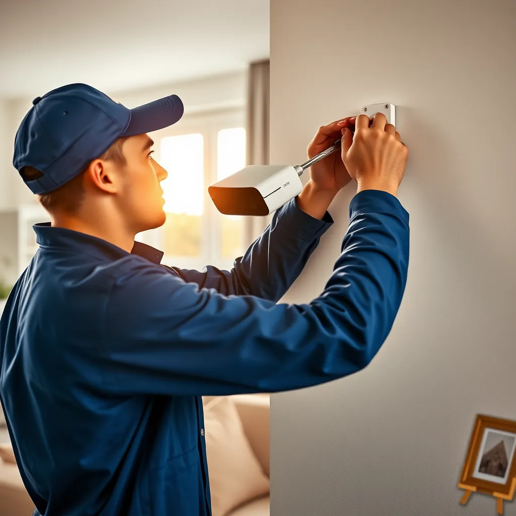 A photorealistic image of a professional technician, wearing a blue uniform and holding a screwdriver, carefully installing a sleek, modern wireless security camera on a white wall in a living room. The camera should be positioned at a slight angle, capturing a wide view of the room. The lighting should be warm and inviting, with natural light streaming in from a window behind the technician. The scene should convey a sense of security, professionalism, and peace of mind. The image should be rendered in 8K resolution, with ultra-detailed textures and materials, including the camera, the wall, and the technician's tools. The background should include soft furniture and a framed photo on a nearby table, creating a sense of homeliness.