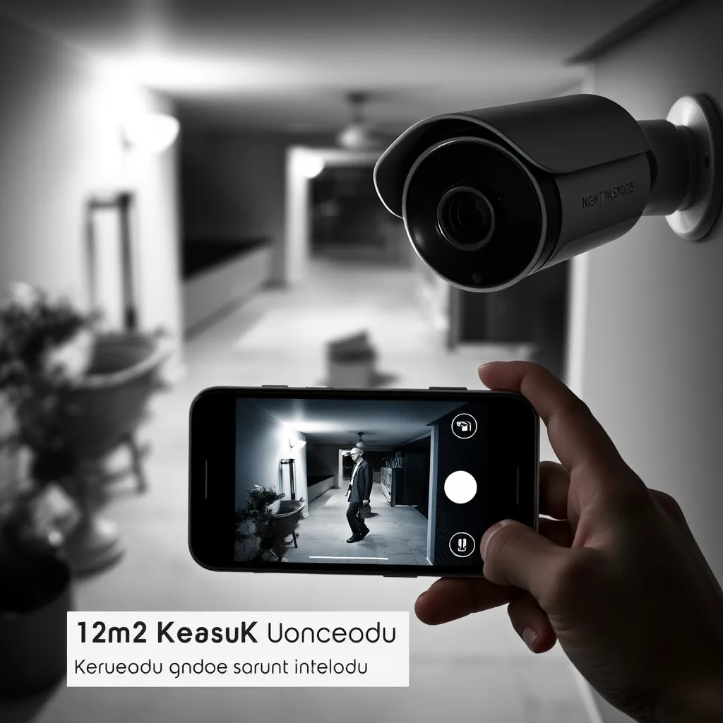 A security camera with night vision activated, showing a clear, black and white image of a person walking in the dark. In the foreground, a person is using a smartphone to view the live feed from the camera, demonstrating the features of two-way audio.