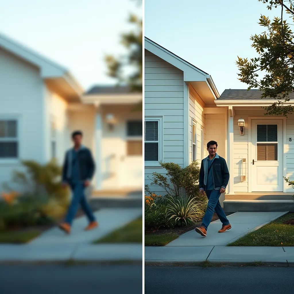 A split screen image. On the left side, a blurry, low-resolution image of a person walking by a house. On the right side, a clear, high-resolution image of the same person walking by the same house, showcasing the difference in clarity and detail.