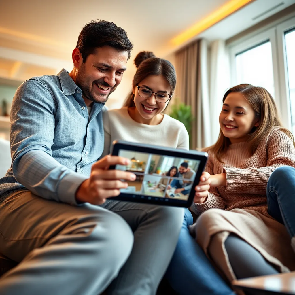 A visually appealing image of a family gathered around a digital tablet, reviewing live footage from their wireless security cameras. The scene is set in a modern, well-lit living room, with warm, inviting tones. The family should be relaxed and confident, showcasing their trust in the security system. The tablet should display a clear and intuitive interface, highlighting the user-friendly features and customization options available to them. The image should be rendered in a high-fidelity style, capturing the detail and realism of the living room, the digital tablet, and the family members. The camera angle should be a low-angle shot, emphasizing the family's engagement with the technology and the security it provides. The image should convey a sense of control, personalization, and peace of mind, showcasing the power and flexibility of customized wireless security solutions.