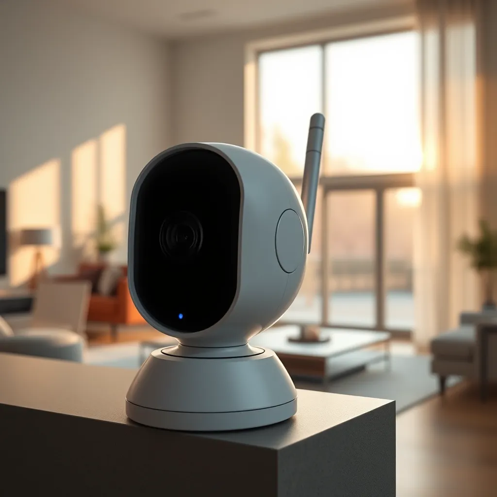 Create a photorealistic, ultra-high quality 8K resolution image showcasing the power and convenience of Wireless Security Cameras Express. The image should depict a modern, minimalist living room with large windows allowing natural light to stream in. In the foreground, place a sleek, white Wireless Security Camera positioned on a shelf overlooking the room. The camera should have a subtle, almost invisible, blue LED light indicating it is active. The background should blur slightly, focusing attention on the camera. The overall mood should be calm and reassuring, conveying a sense of safety and security. Use a warm, inviting color palette with soft, natural light. The camera should be rendered with intricate details, including textured plastic and metal components. The image should be styled like a high-end product advertisement, highlighting the camera's modern design and advanced features., ultra high resolution, photorealistic, 8K, hyperdetailed, cinematic lighting