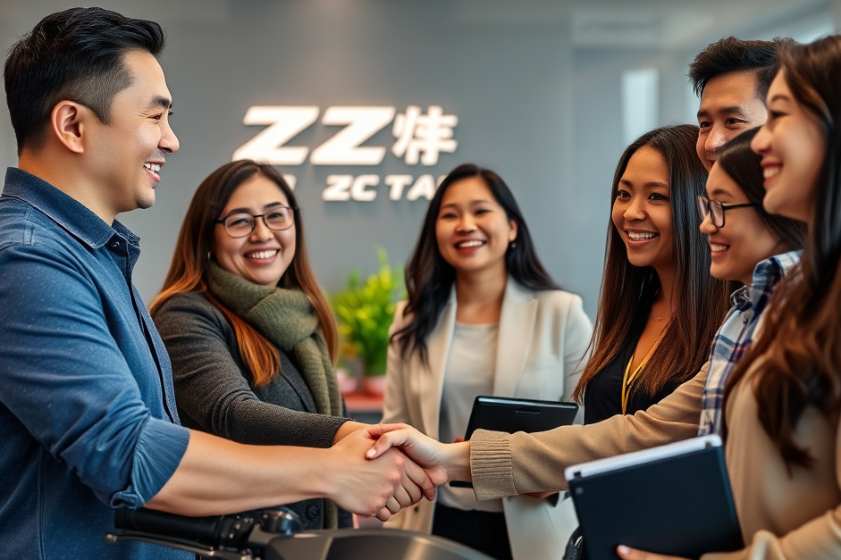 A 4K, high-quality image depicting a diverse group of smiling customers shaking hands with a Z Choo Motor representative in a modern office setting. The backdrop features subtle branding elements and a welcoming atmosphere. Focus on conveying trust, approachability, and customer satisfaction. The lighting is soft and natural, creating a sense of warmth and positivity. The camera angle is a medium shot, capturing the interaction between the customers and the representative. The style is contemporary and professional, emphasizing the company's commitment to customer service. Include props like a motorcycle brochure or a tablet displaying Aeon Credit payment options. The overall feel should be authentic and genuine.