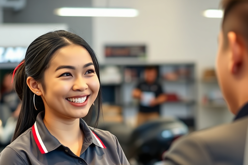 A friendly customer service representative wearing a Z Choo Motor uniform, smiling and assisting a customer with their motorcycle purchase. The background is a clean and organized showroom. Focus on conveying a sense of helpfulness and support. The lighting is warm and inviting.