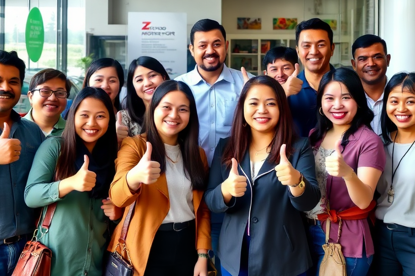 A group of diverse people, all smiling and giving a thumbs-up in front of a Z Choo Motor showroom. The image conveys a sense of community and satisfaction. Use bright and cheerful colors. The focus is on showcasing happy customers.