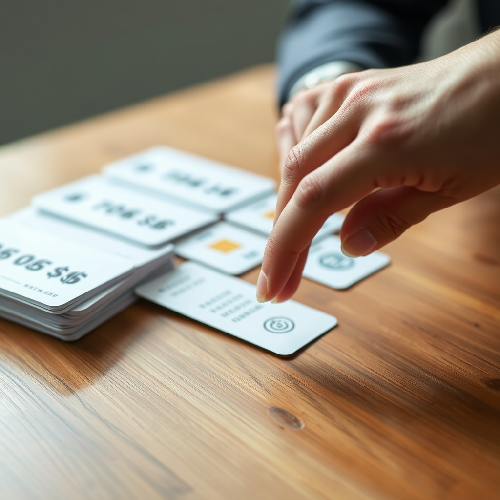A hand choosing from a variety of options laid out on a wooden table. The options could include different payment durations, represented by cards or icons. The background is blurred to focus on the decision-making process. The style is clean and professional.