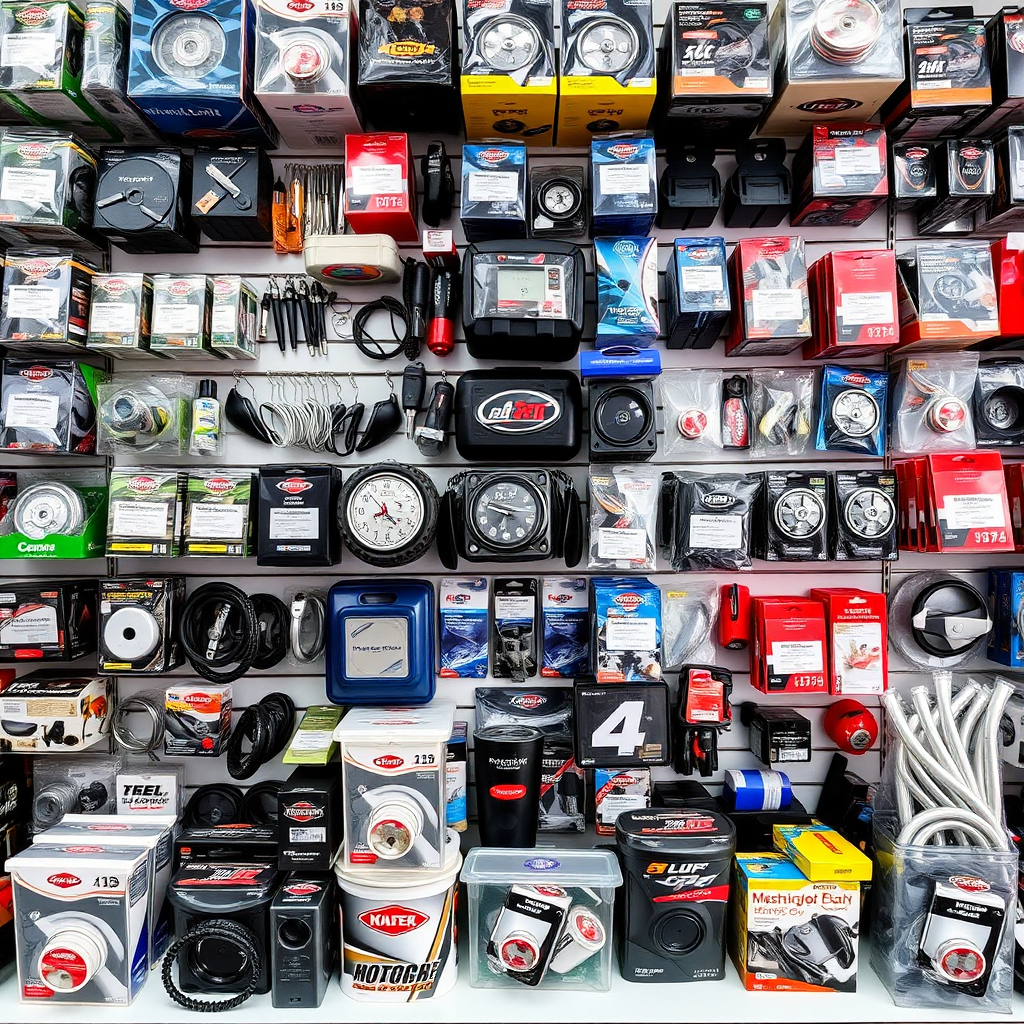A neatly organized display of various motorcycle parts and accessories. The parts are clean and well-lit, showcasing their quality. Include recognizable brand names for authenticity.