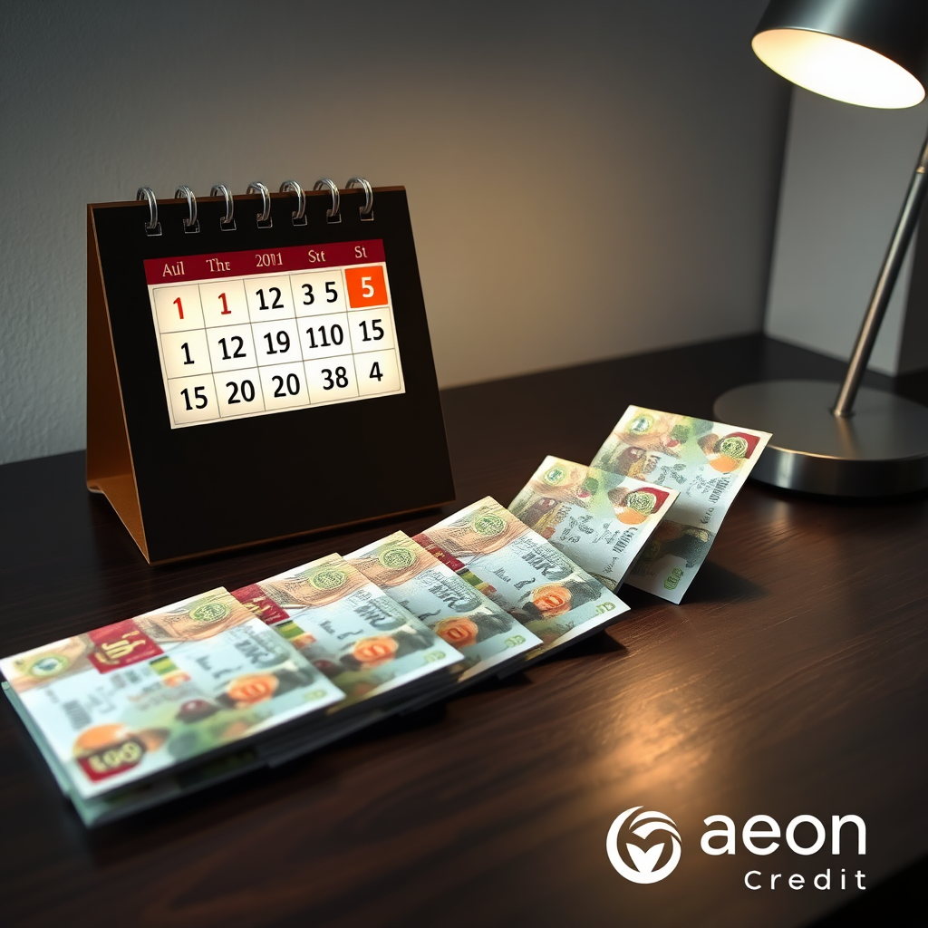 A photorealistic image displaying a calendar with various dates highlighted, each date next to a different denomination of Malaysian Ringgit notes, cleanly arranged. The notes diminish in value towards the future, arranged on a sleek dark wooden desk. The soft glow of a desk lamp emphasizes affordability and flexibility. Add a subtle Aeon Credit logo.