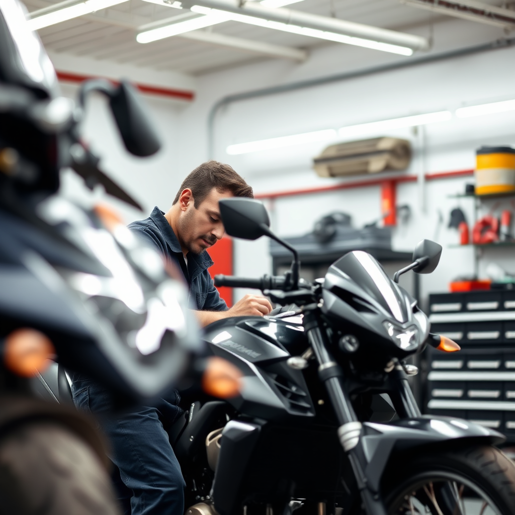 A photorealistic image of a mechanic working on a motorcycle in a clean and well-equipped workshop. The focus is on the mechanic's expertise and the quality of the service. Use bright and professional lighting.