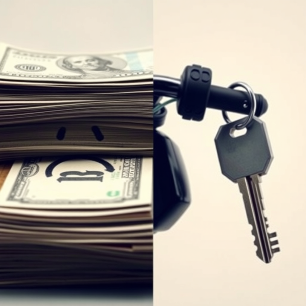 A split image, one side showing a large stack of cash with a sad face drawn on it, and the other showing a key to a motorcycle, shiny and new. The key side is brightly lit, symbolizing hope and accessibility. The background is a neutral color.