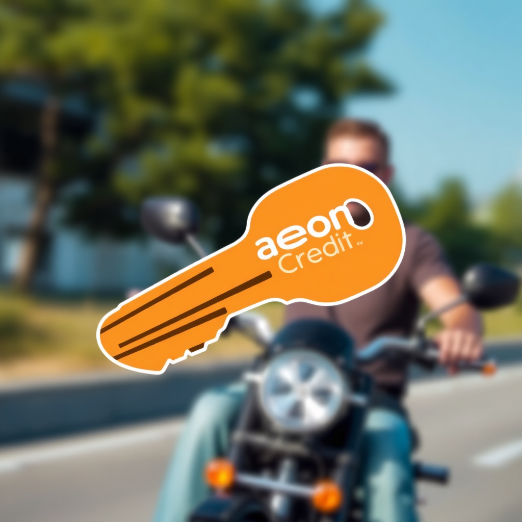 A stylized image of a motorcycle key with the Aeon Credit logo subtly incorporated into the key design. The background is a blurred image of a happy customer riding a motorcycle. The overall feel is modern and aspirational.