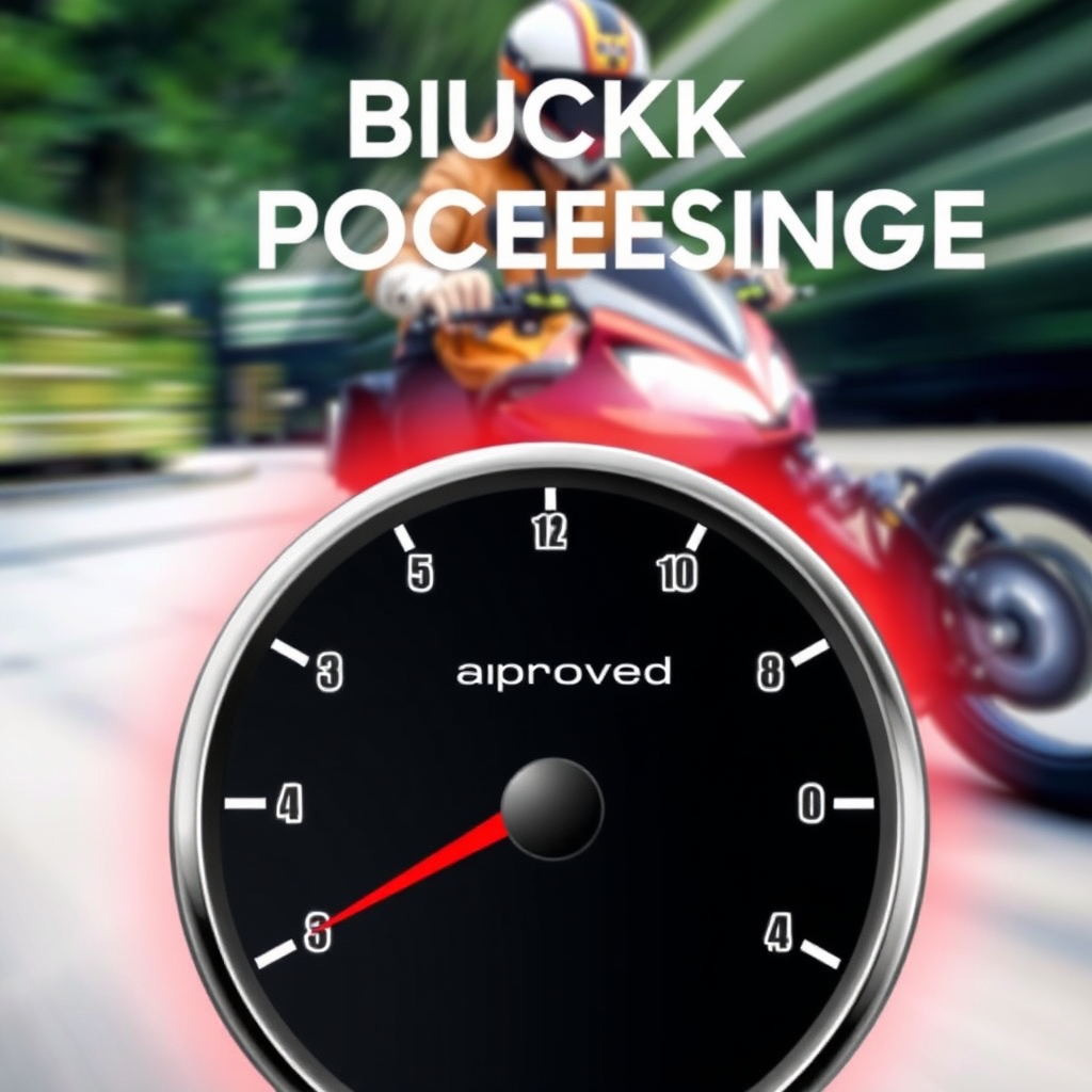 A stylized image showcasing a speedometer rapidly approaching the 'Approved' zone. In the background, there's a blurred image of a person riding a motorcycle, implying speed and efficiency. Use vibrant colors to convey excitement and quick processing. The style should be modern and dynamic.