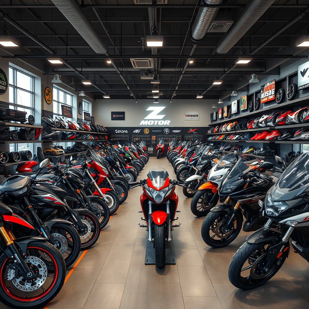 A wide-angle photorealistic shot of a Z Choo Motor showroom filled with various motorcycle brands and models. The lighting should be bright and inviting, showcasing the diversity of options. Focus on creating a sense of abundance and choice. Include clear branding for recognizable motorcycle brands.