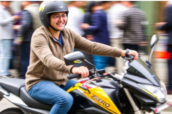 An image showing a person happily riding a motorcycle, with a blurred background of people waiting in long lines at a bank or other financial institution. The contrast highlights the convenience of buying a motorcycle through Z Choo Motor and Aeon Credit. The style is modern and relatable.