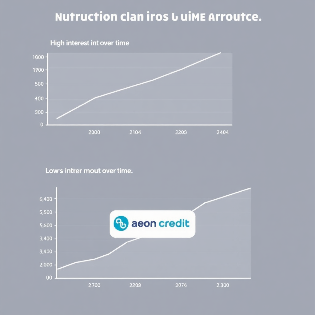 An infographic-style image comparing two charts. One chart shows a high-interest rate and a significant amount of money being paid over time. The other shows a low-interest rate and a smaller amount of money being paid. The Aeon Credit logo is prominently displayed on the low-interest chart. Use a clean, minimalist design.
