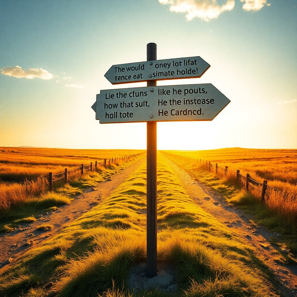 A crossroads with multiple paths, each representing different life choices. A signpost with scriptures displayed offers direction. The scene is bathed in golden sunlight, symbolizing hope and clarity in decision-making.