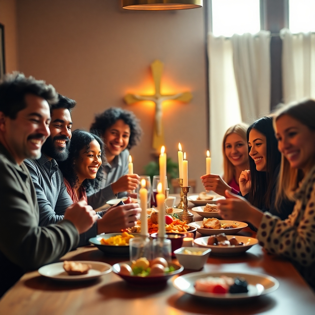 A diverse family, united and joyful, sharing a meal together, surrounded by symbols of faith such as a cross and candles. The warm lighting enhances the sense of love and togetherness, reflecting the strength of relationships nurtured by faith.