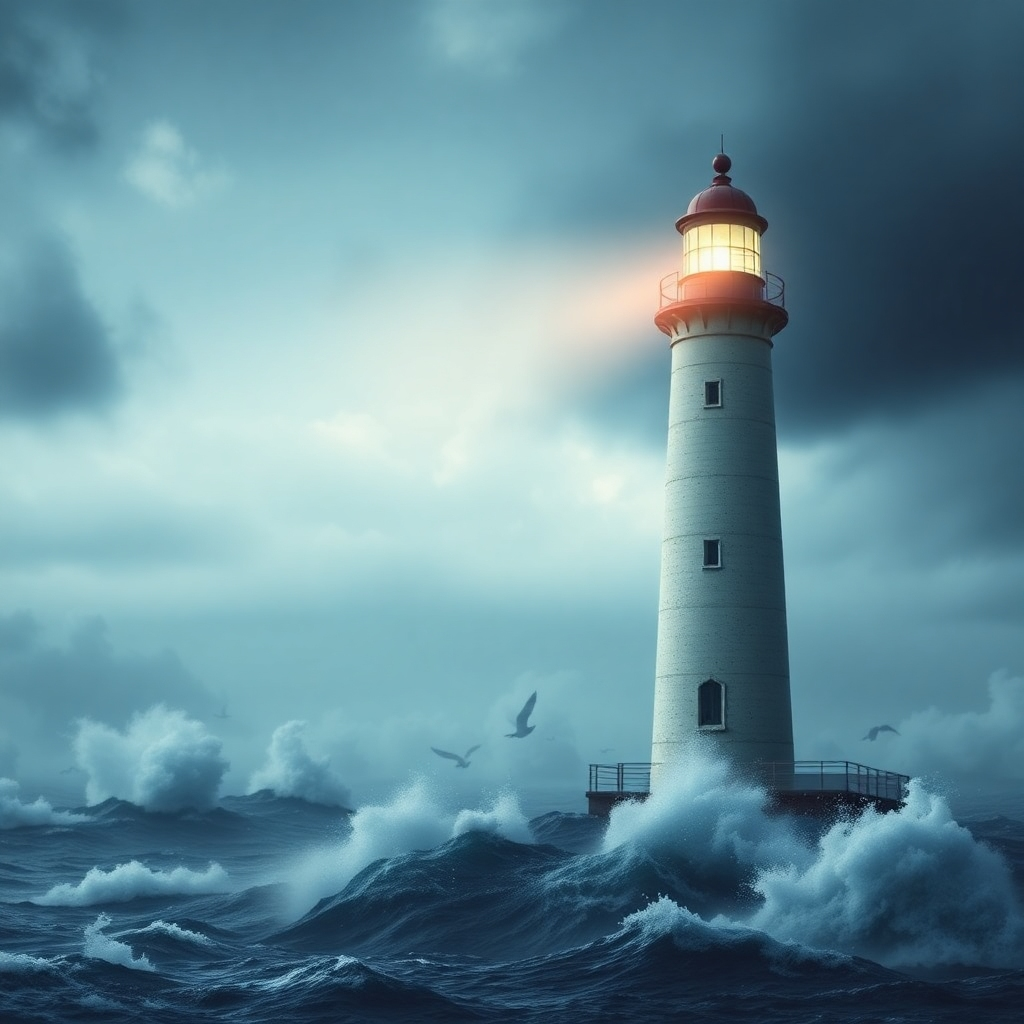 A lighthouse standing tall against stormy seas, representing guidance amid chaos. The lighthouse beams a strong light, illuminating the dark waters, symbolizing the Bible's role as a steadfast guide in tumultuous times.