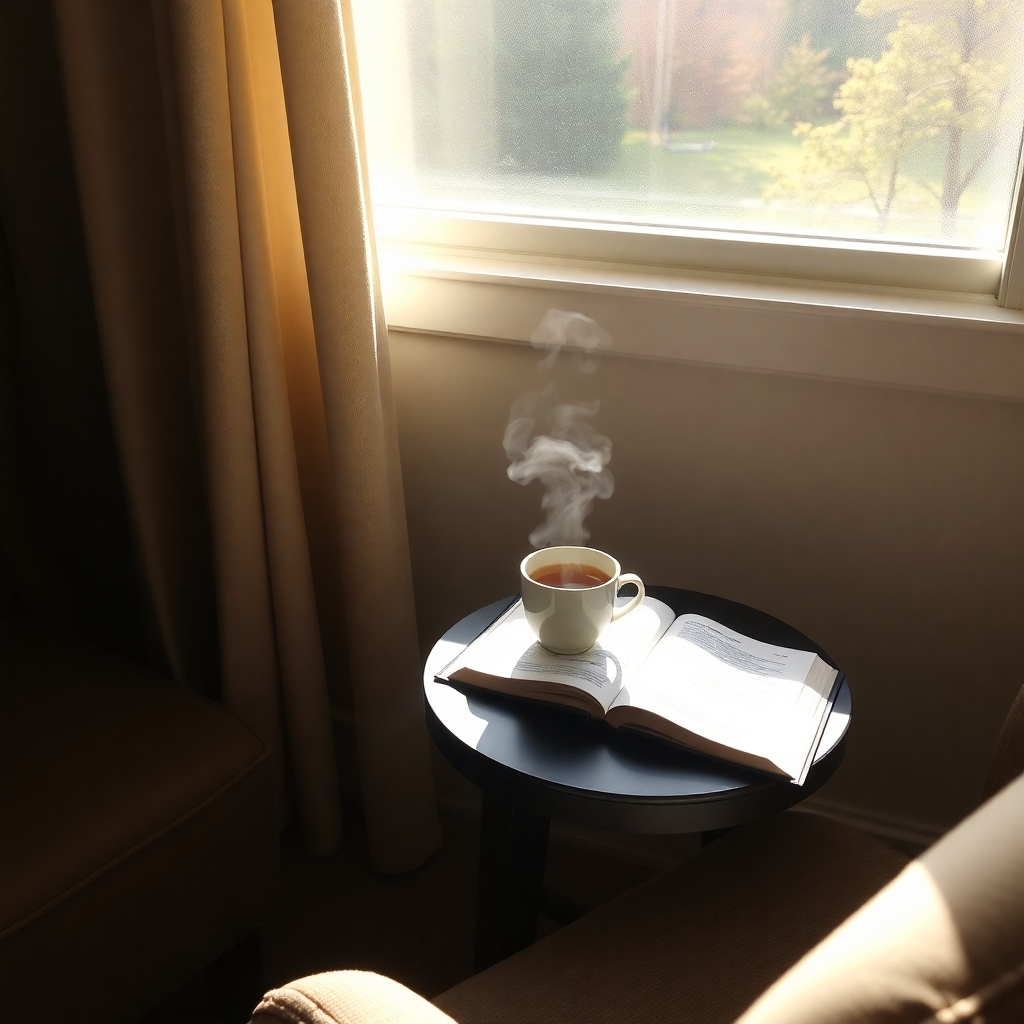 A quiet reading nook with a comfortable chair and a small table holding a steaming cup of tea and an open Bible. Sunlight streams through the window, casting a peaceful glow, inviting the viewer to reflect and connect personally with scripture.