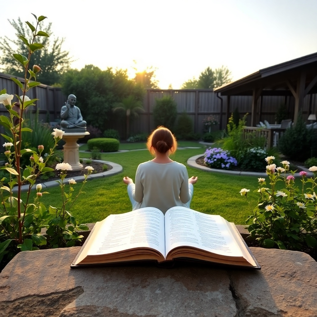 A serene morning scene featuring a peaceful garden with a meditation space. A person is seen in quiet contemplation, surrounded by nature, with an open book of scripture nearby. The scene represents tranquility and the benefits of daily spiritual engagement.