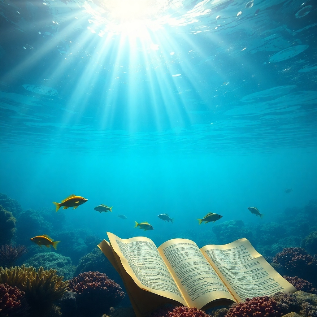 A serene underwater scene metaphorically depicting the depths of understanding. Show a mix of vibrant marine life and ancient scrolls representing scripture. Soft sunlight filters through the water, symbolizing enlightenment and revelation.