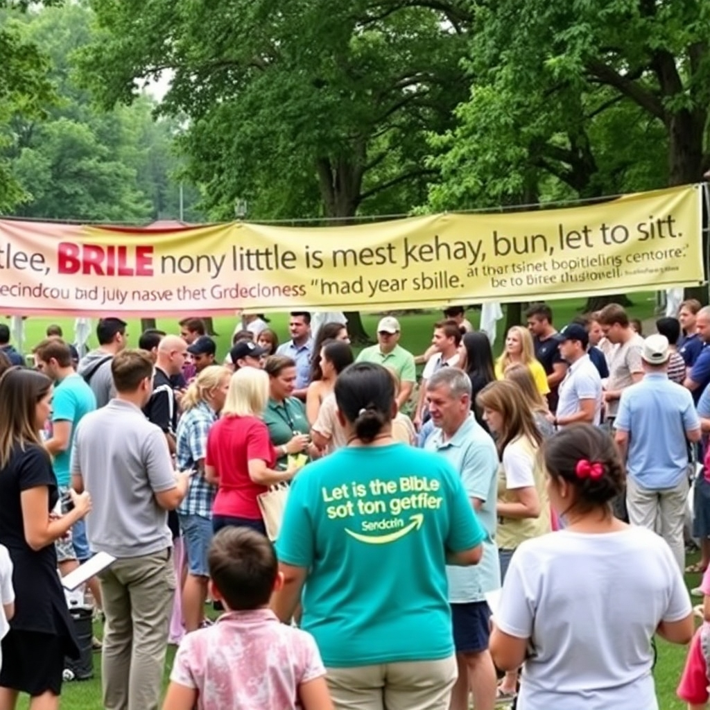 A vibrant community event in a park, with people of all ages engaging in discussions and activities centered around Bible study. Colorful banners with scripture quotes are visible, and the atmosphere is lively and welcoming, fostering unity and engagement.