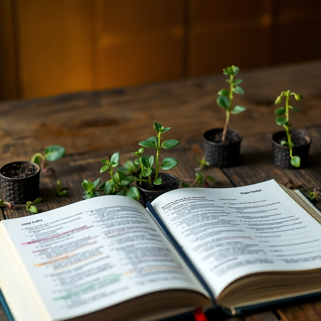 An open Bible placed on a rustic wooden table. The pages are marked with notes and highlights. A warm light bathes the scene, suggesting inspiration and deep understanding. Surround the Bible with small plants that symbolize growth and nurturing.