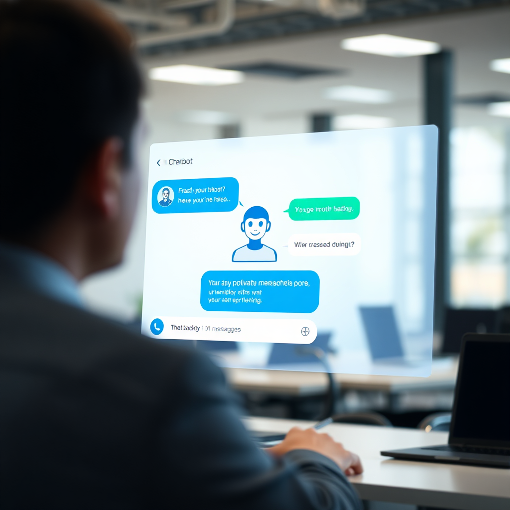 A photorealistic image featuring a friendly AI chatbot interface seamlessly integrated into a messaging platform. The composition features a clean, modern chatbot window with a personalized avatar and conversational text bubbles. Soft, diffused lighting creates a sense of approachability and efficiency. The color palette is a mix of blues, greens, and whites, representing the AI chatbot's friendly and helpful nature. The camera angle is slightly angled to show the interaction between the user and the chatbot. Texture details should include smooth screen surface and the subtle glow of the chatbot interface. The environment is a modern office setting or a user's mobile device, depending on the context. Relevant props include conversational text bubbles, personalized chatbot avatar, and various messaging platform elements. Style reference: Modern UI/UX design. Technical specs: 4K resolution, high quality rendering, shallow depth of field.