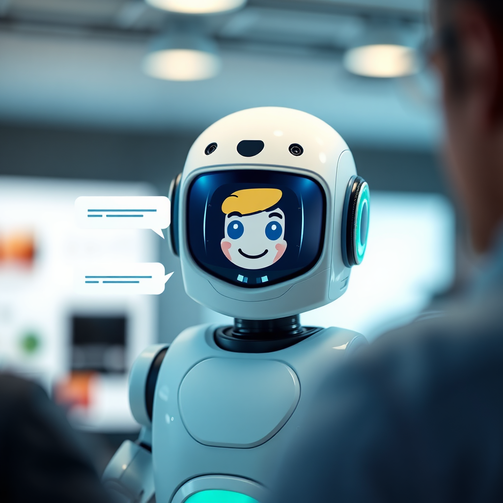 A photorealistic image featuring a friendly AI chatbot interface seamlessly integrated into a customer service platform. The composition features a clean, modern chatbot window with a personalized avatar and conversational text bubbles. Soft, diffused lighting creates a sense of approachability and efficiency. The color palette is a mix of blues, greens, and whites, representing the AI chatbot's friendly and helpful nature. The camera angle is slightly angled to show the interaction between the user and the chatbot.