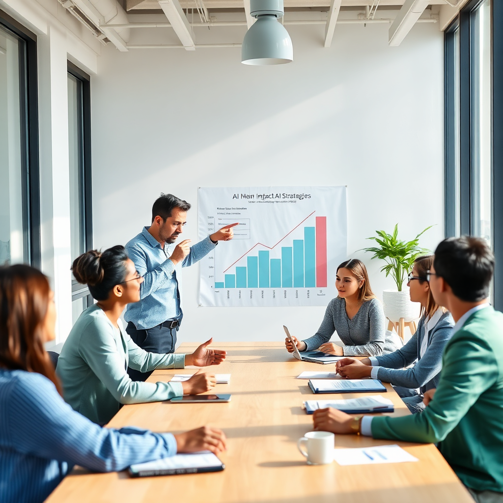 A photorealistic image of a consultant in a modern office setting discussing AI strategies. The consultant is pointing to a graph showcasing the positive impact of AI implementation, with a diverse team around a table, bathed in soft natural light. The color scheme is professional yet approachable, featuring blues, greens, and neutral tones. The shot is from a medium angle, capturing the collaborative nature of the consultation.