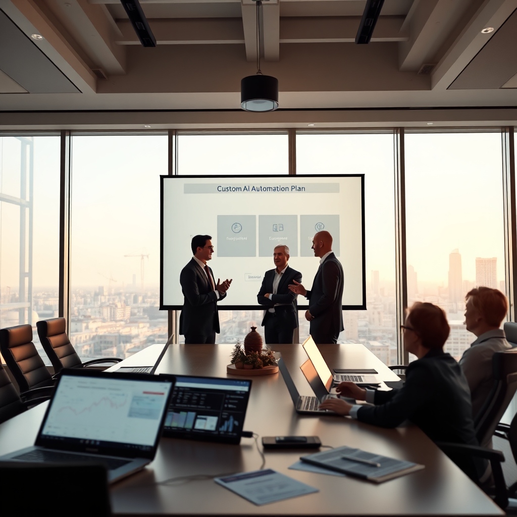 A photorealistic image showcasing a team of AI consultants working with a client in a modern boardroom. The composition features consultants explaining a custom AI automation plan projected onto a large screen. Soft, natural lighting creates a sense of collaboration and trust. The color palette is a mix of warm and cool tones, representing the balance between human expertise and AI technology. The camera angle is slightly angled to show the interaction between the consultants and the client. Texture details should include sleek conference table, comfortable chairs, and the subtle glow of the projection screen. The environment is a bright, open boardroom with a view of the city skyline. Relevant props include laptops displaying AI dashboards, data visualizations, and strategic planning documents. Style reference: Modern corporate photography. Technical specs: 4K resolution, high quality rendering, shallow depth of field.