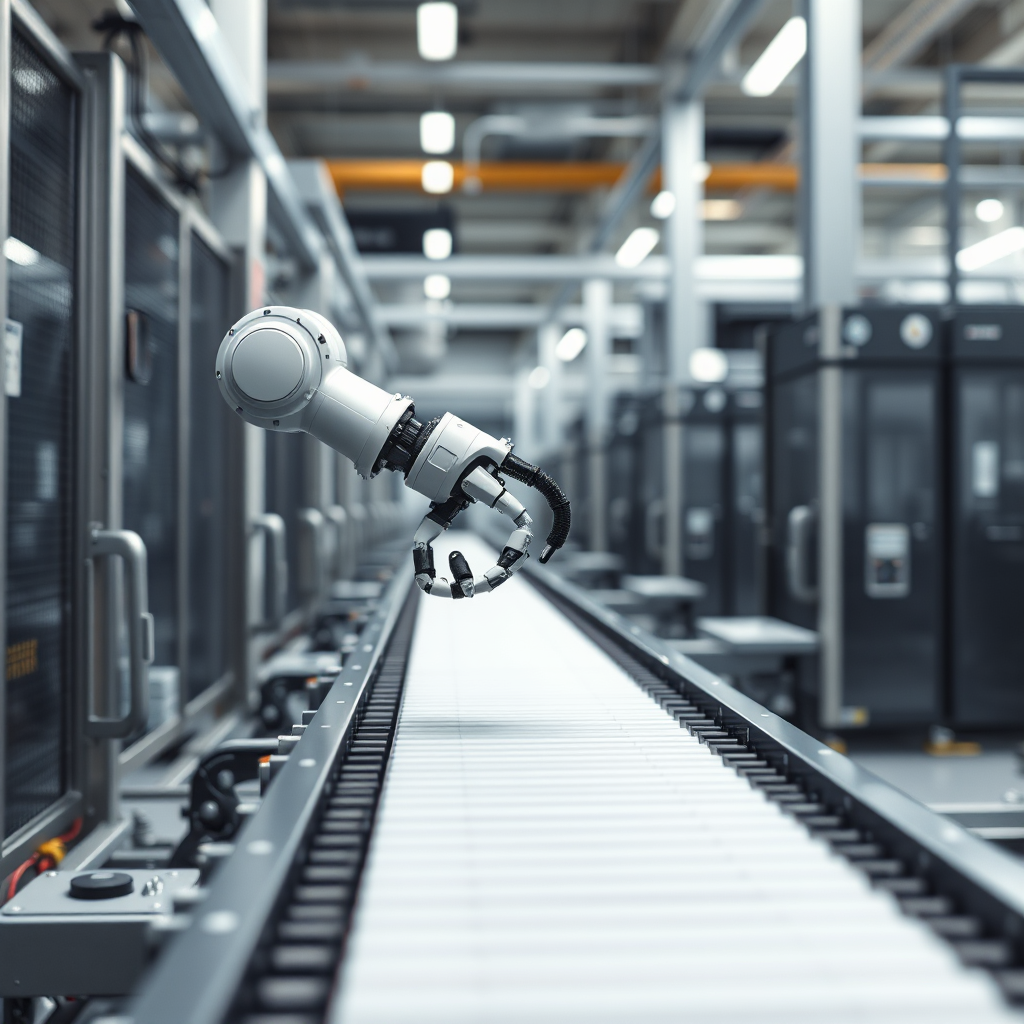 A photorealistic image showcasing a robotic arm performing a repetitive task in a manufacturing or office setting. The composition features a robotic arm precisely executing a task, such as data entry or assembly line work, with seamless efficiency. Soft, diffused lighting highlights the precision and accuracy of the robotic process. The color palette is a mix of cool grays and blues, representing the robotic arm's technological capabilities. The camera angle is slightly low, emphasizing the scale and impact of the automated process. Texture details should include smooth metal surfaces and the subtle movements of the robotic arm. The environment is a modern manufacturing facility or office environment, depending on the context. Relevant props include robotic arm, conveyor belt, and various automation system elements. Style reference: Modern industrial automation photography. Technical specs: 4K resolution, high quality rendering, shallow depth of field.