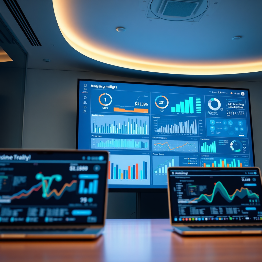 A photorealistic image showcasing an AI-powered data analytics dashboard displaying key performance indicators (KPIs). The composition features a large screen displaying a complex data visualization with various charts, graphs, and metrics. Soft, ambient lighting creates a sense of clarity and precision. The color palette is a mix of blues, greens, and oranges, representing different data categories. The camera angle is slightly low, emphasizing the scale and impact of the data insights. Texture details should include sleek screen surface and the subtle glow of the data visualizations. The environment is a modern office setting with a focus on data analysis and decision-making. Relevant props include laptops displaying AI dashboards, data visualizations, and strategic reports. Style reference: Modern data visualization design. Technical specs: 4K resolution, high quality rendering, shallow depth of field.