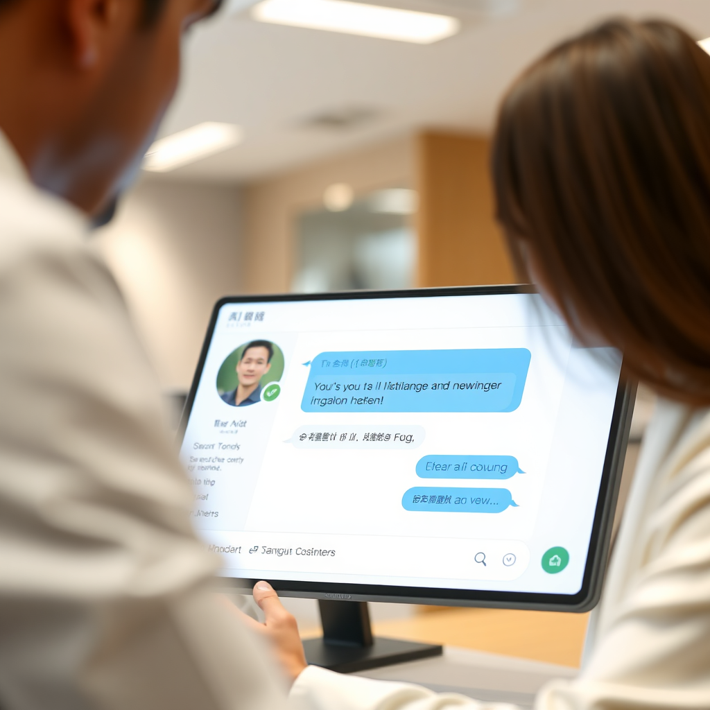 A photorealistic image showcasing an AI-powered chat automation platform in action. The composition features a multilingual user communicating with the AI chat window, where the AI is responding to the user in their native tongue. The color palette is a mix of whites, blues and light greens, representing the clarity and ease of use of the interface. The camera angle is slightly angled to show the interaction between the user and the platform. Texture details should include smooth screen surface and the generated content being displayed. The environment is a modern office setting or a user's mobile device, depending on the context. Relevant props include conversational text bubbles, content displayed on the platform, and various AI parameters. Style reference: Modern UI/UX design. Technical specs: 4K resolution, high quality rendering, shallow depth of field.